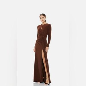 Mac Duggal Brown Long Sleeve Twist Maxi Dress with Thigh Slit